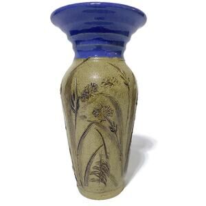 Tom Briney Art Pottery Vase Natural Flower Brown and Blue Signed 8.5" Tall